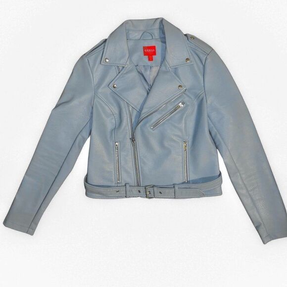 Medium GUESS Baby Blue Scarlett Faux Leatherette double breasted Moto Jacket - Picture 9 of 11